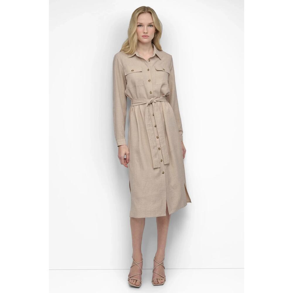 DKNY COLLARED BUTTON DRESS: Long sleeve-Shirt collar -Removable belt